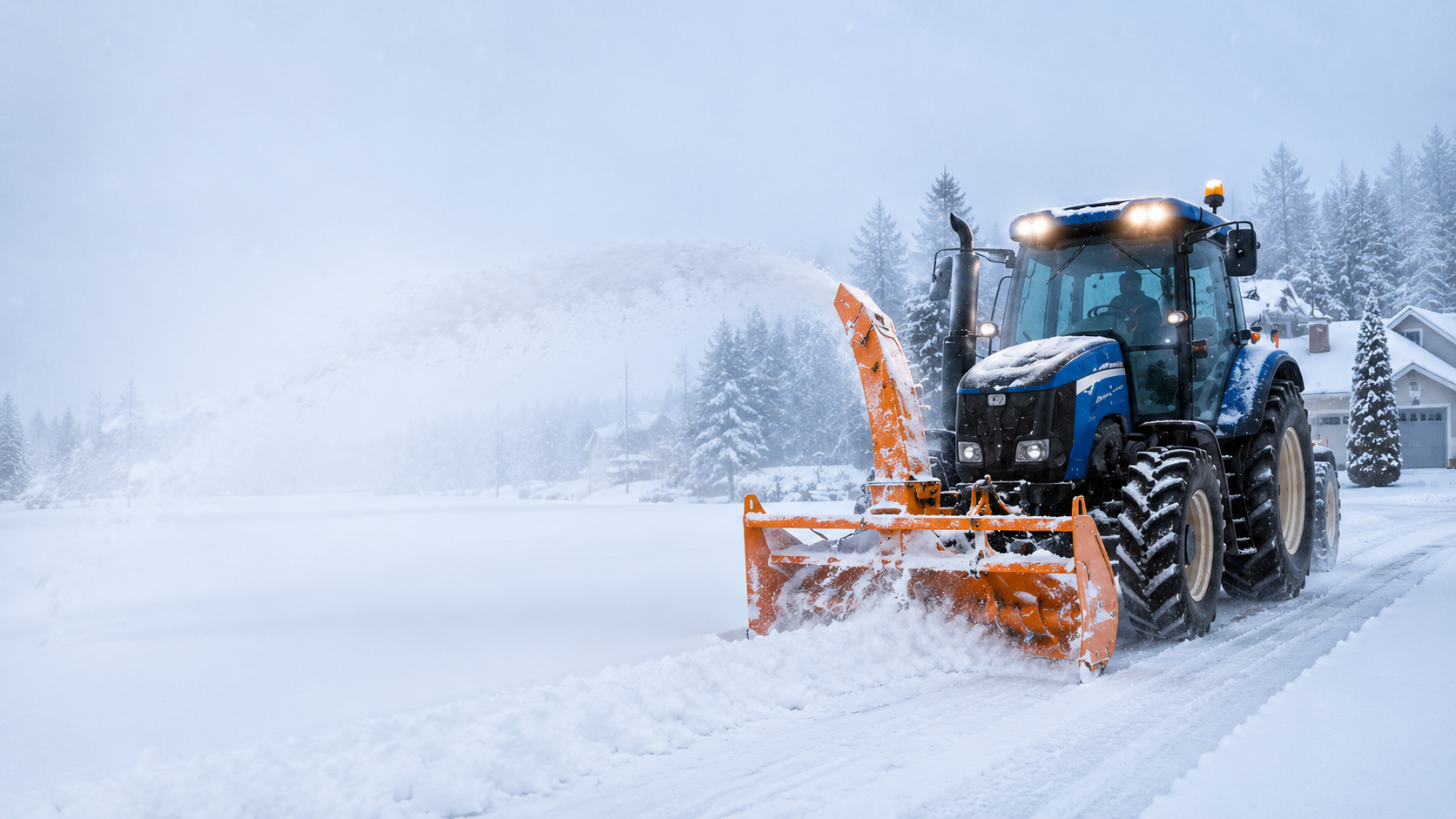 Tracteur bleu équipé d’une souffleuse à neige